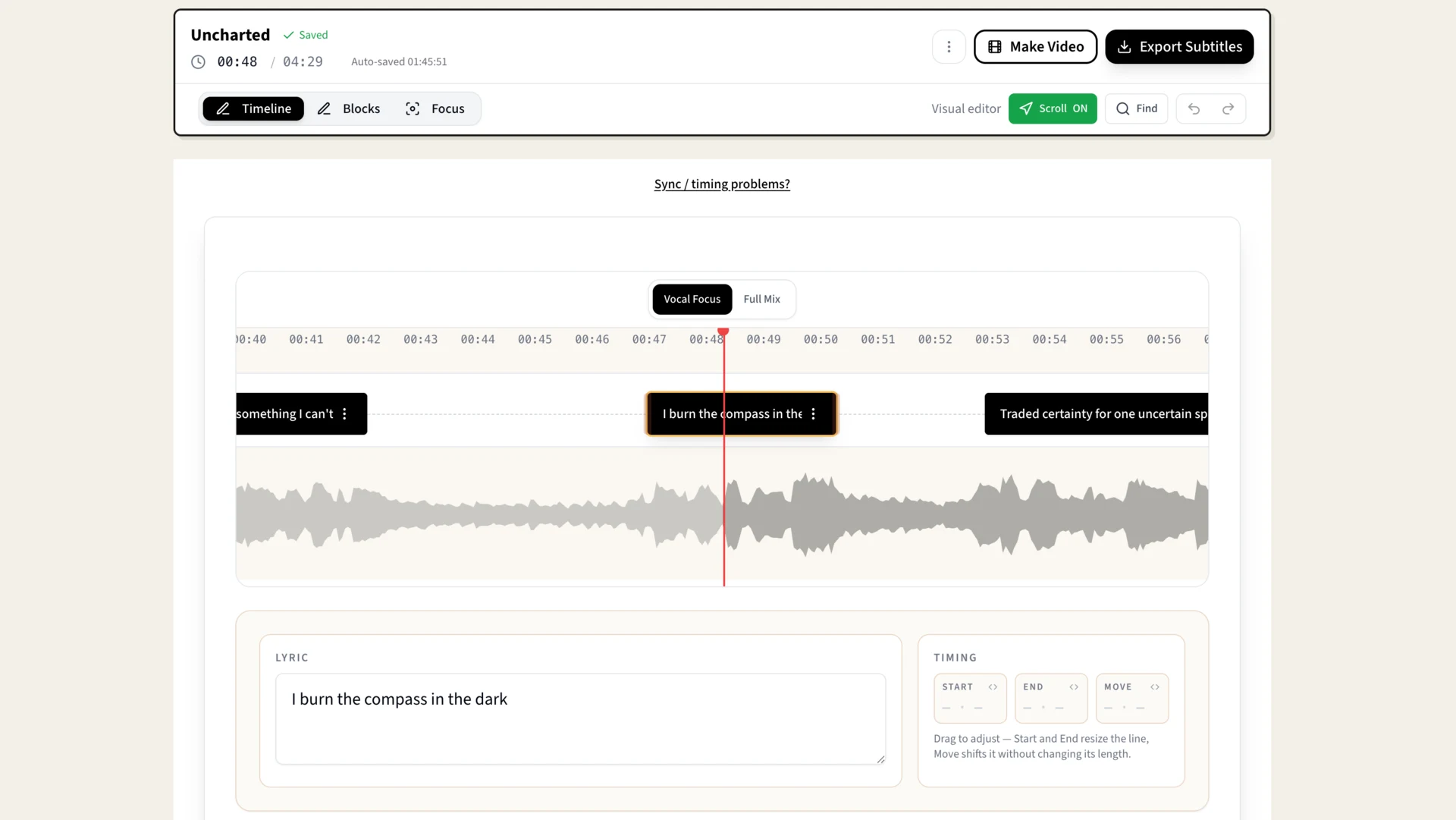 Timed lyric lines for a Suno song in LyricTime