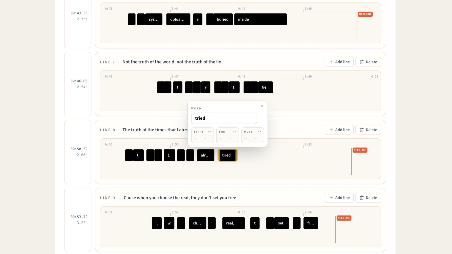 Editing the timing of a single word in the LyricTime word editor