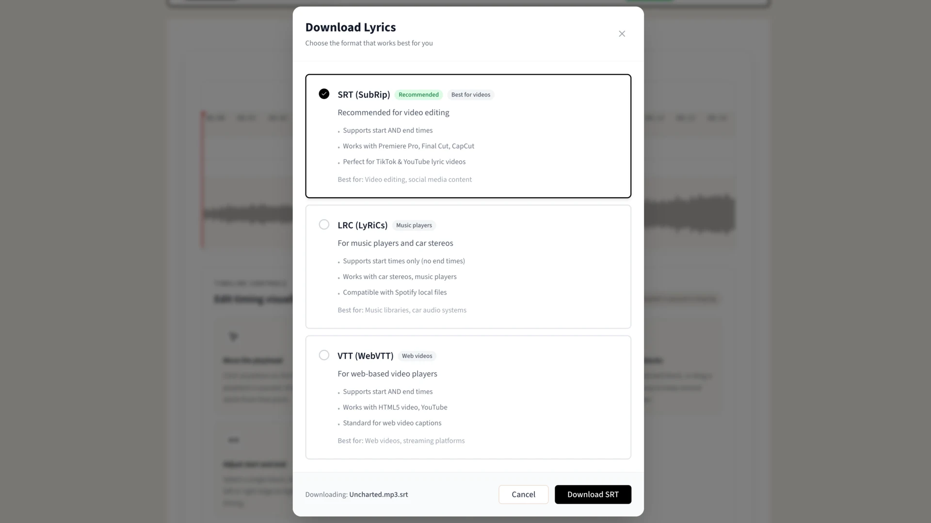 Exporting a Suno track's lyrics as SRT, LRC, or VTT with word-level timing