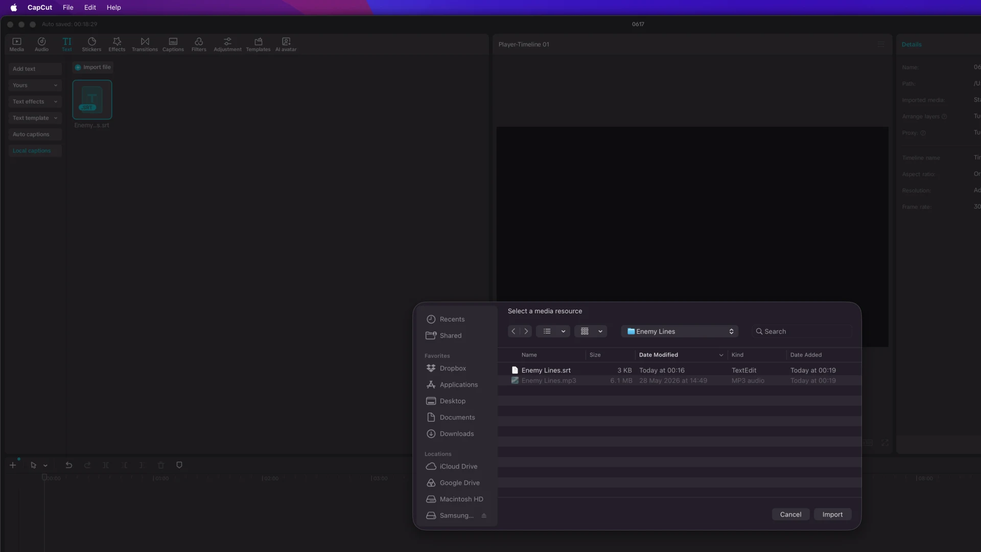 Importing an SRT subtitle file into CapCut