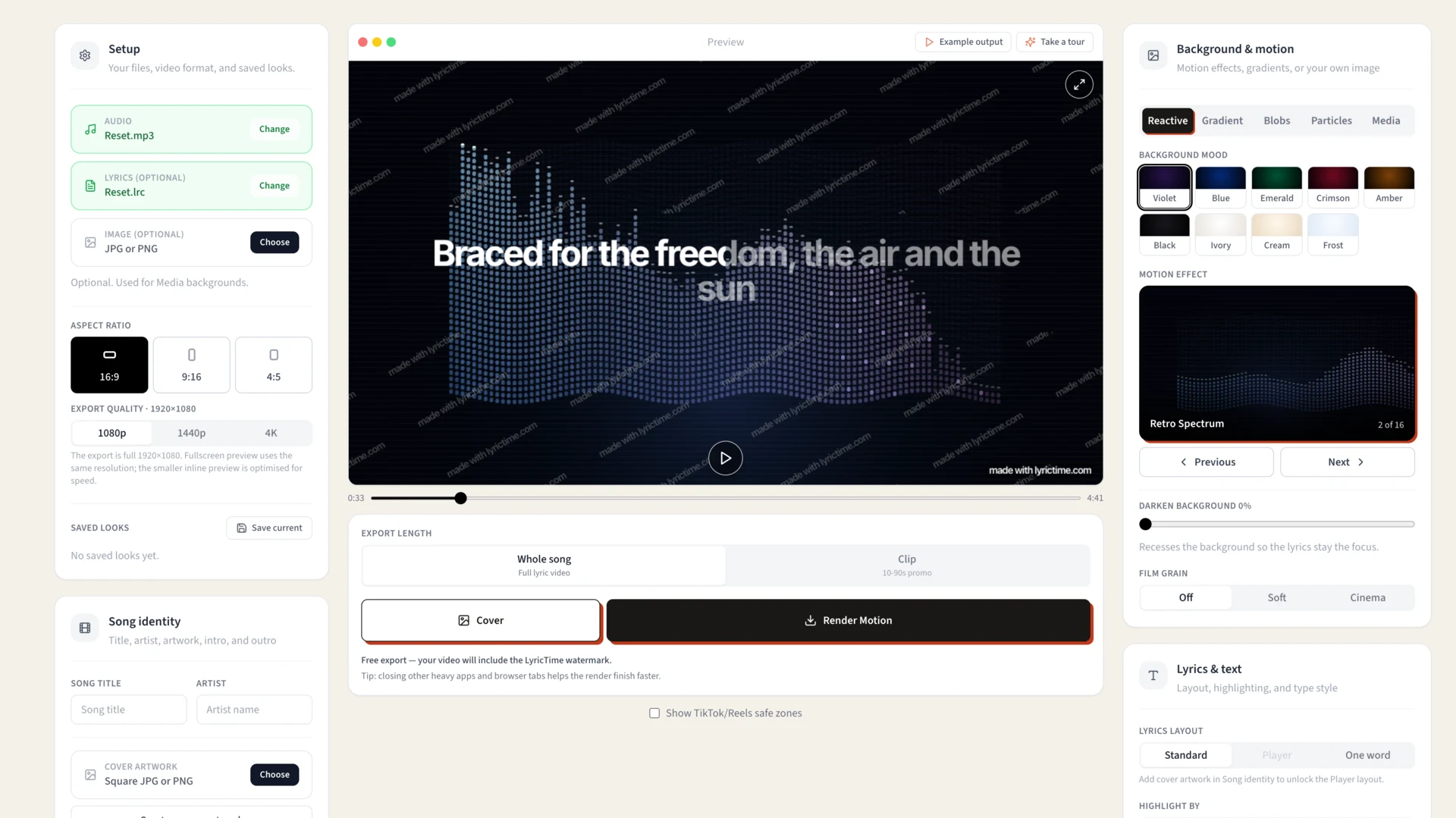 Free lyric video export with LyricTime watermark