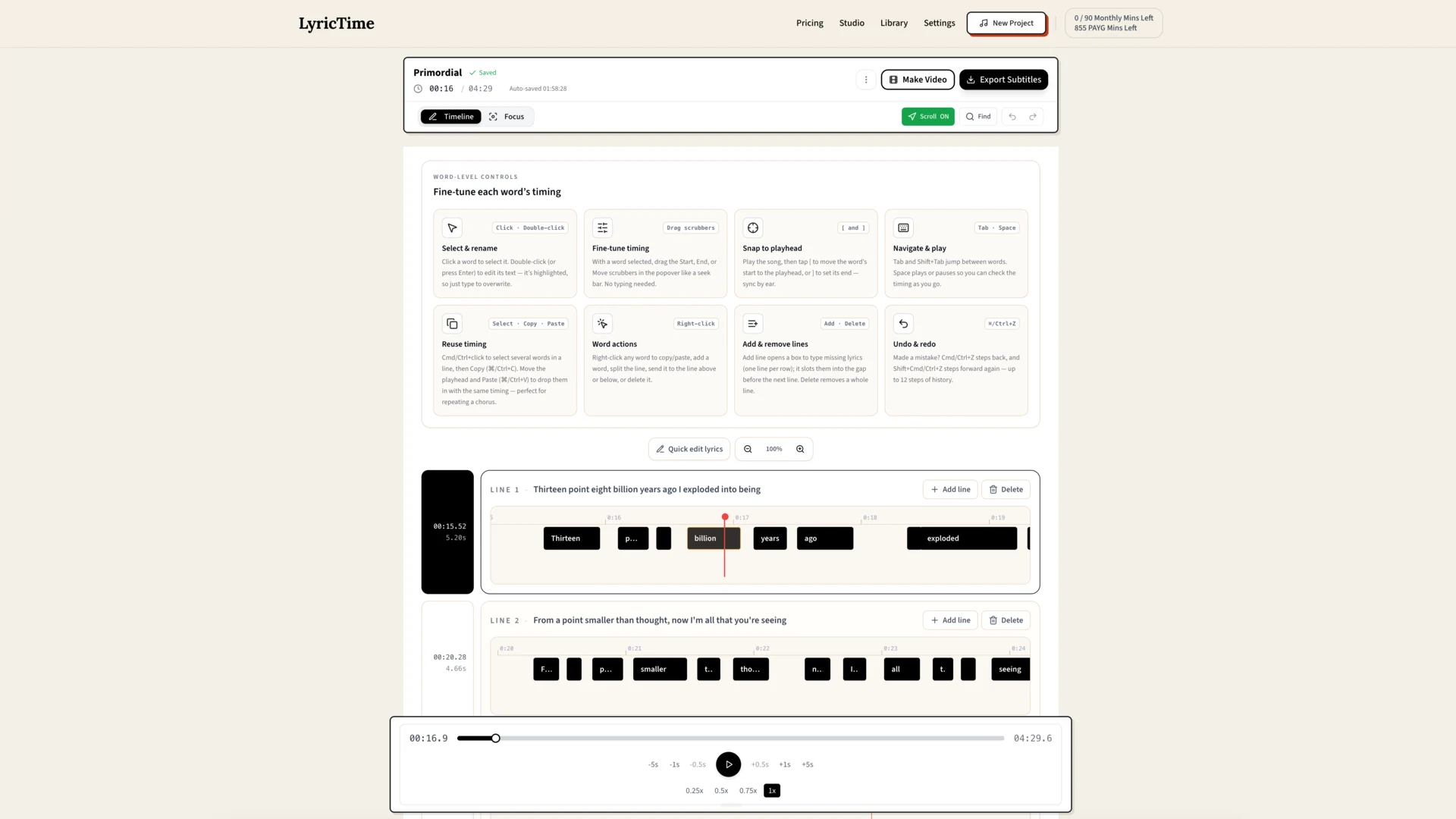 Audio playback with timed lyrics following the song