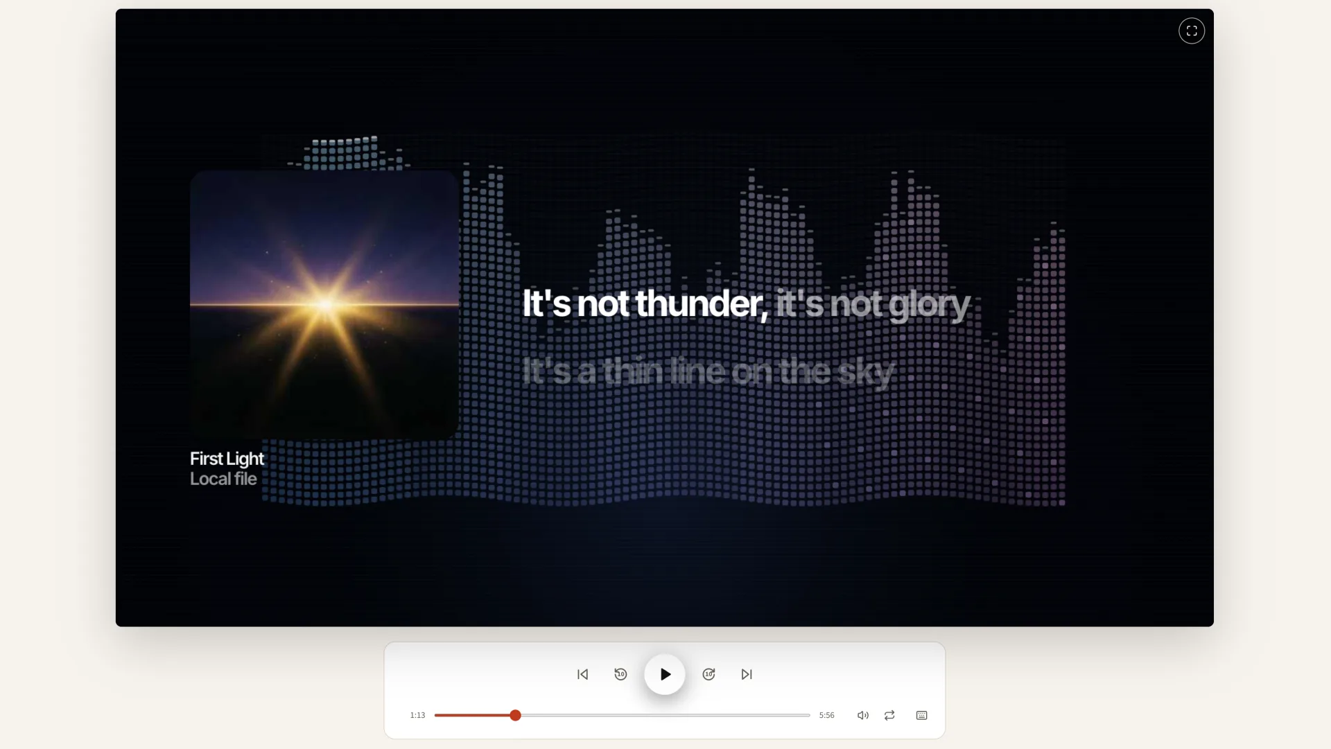 LyricTime Player showing a local audio file with its matching synced lyrics