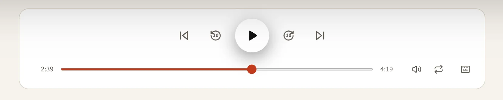 LyricTime Player transport controls for previous track, ten-second skip, play, next track, and repeat